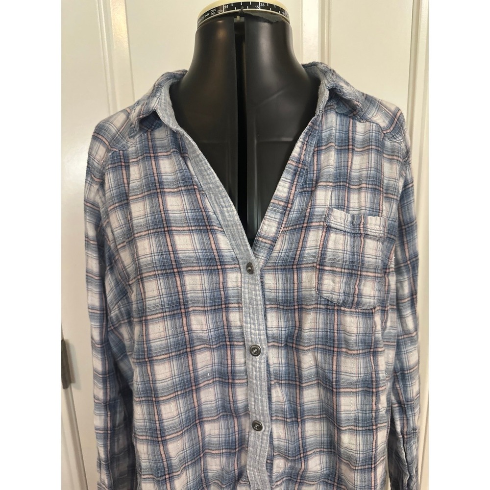 Maurice's Blue and Pink Plaid Button Down‎ Shirt with Silver Metallic Accents